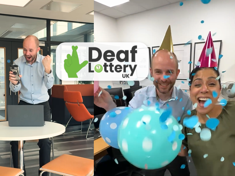 Deaf Lottery UK people celebrating winning