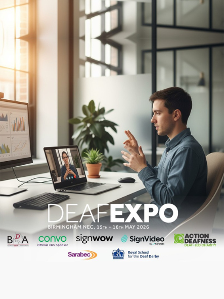 Deaf Expo promo image featuring sponsors logos and Action Deafness logo