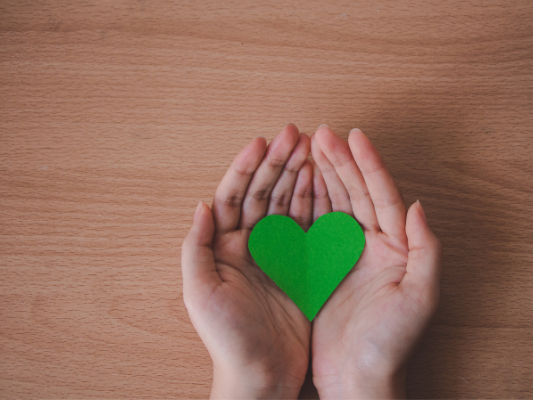 Table with hands holding a green heart in them