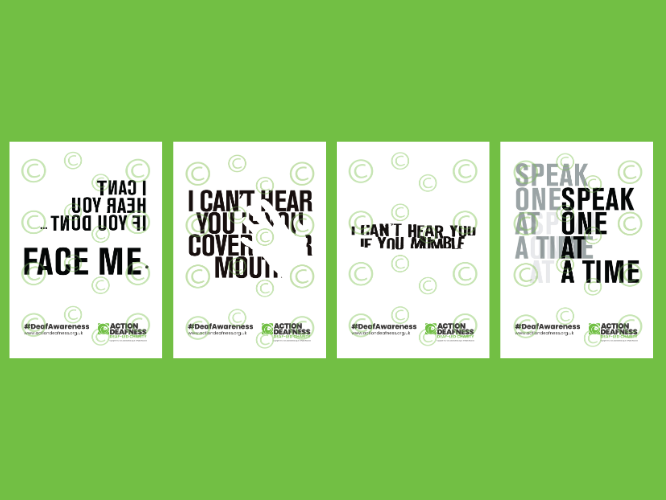 AD Shop Deaf Awareness Posters. Text reads: I can't hear you if you don't face me | I can't hear you if you cover your mouth | I can't hear you if you mumble | Speak one at a time